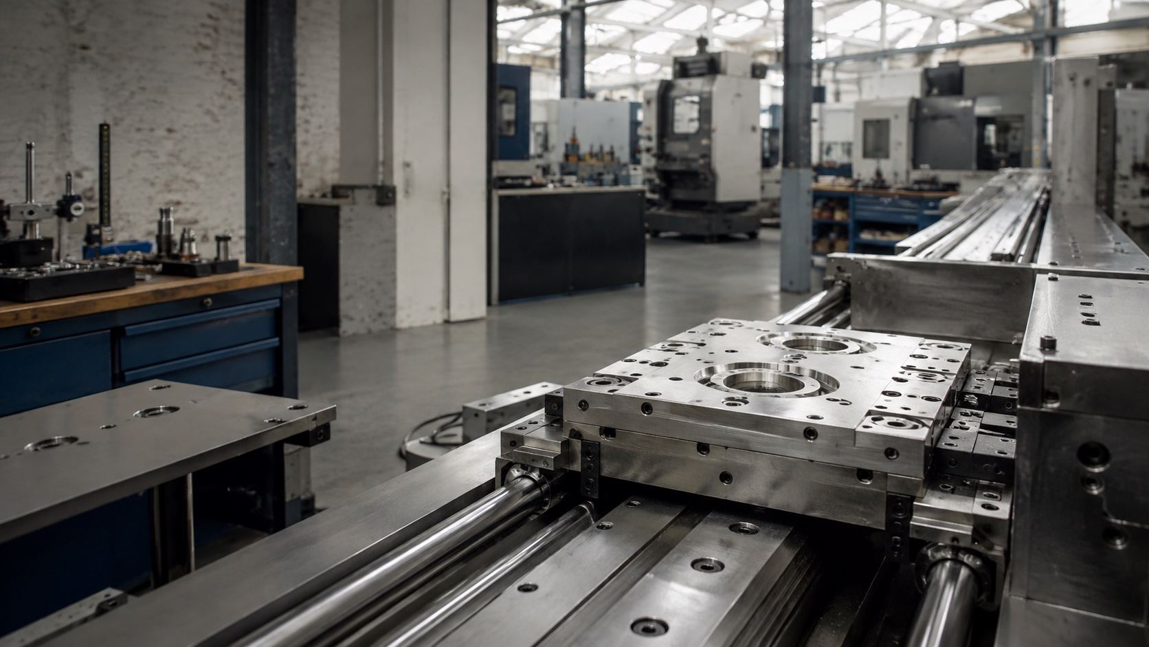 Machined parts and machinery in an industrial workshop