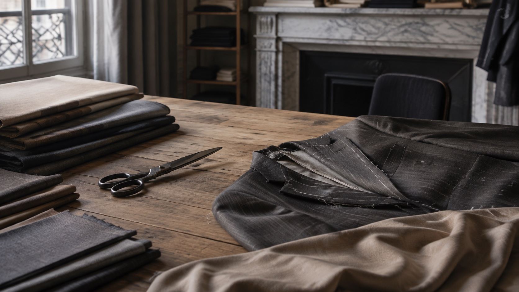 Fabrics and tools in a tailoring workshop